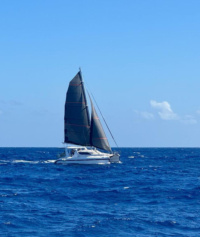 A fast, beautiful, and comfortable catamaran named Akua Aminata sailing in the Caribbean, privately owned by Sailing Dutchman